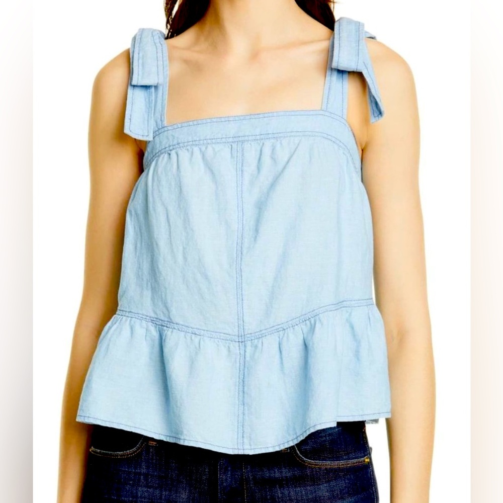 La Vie Rebecca Taylor Indigo Tie Strap Ruffled Top